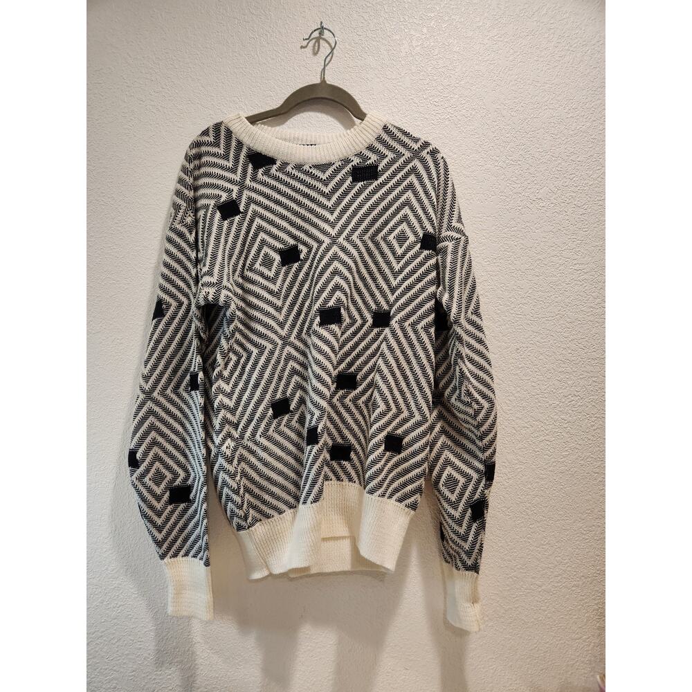 Vintage LeRoy Knit Geometric Sweater M Taiwan 80s Retro Optical Illusion